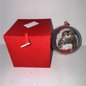 Vintage Holiday Christmas Cat Glass Ornament With Red Box